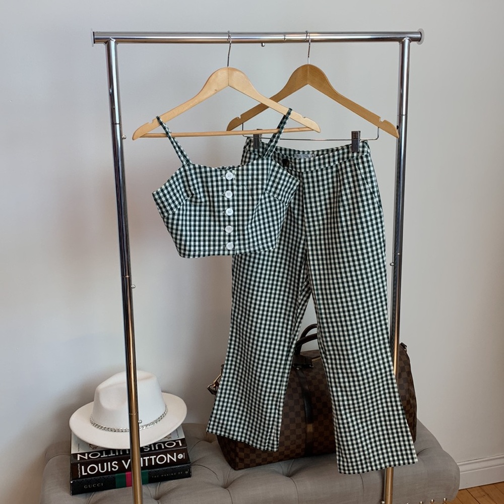 Petite Studio Clover Top & Heather Pants Green + White Check Gingham Set XXS